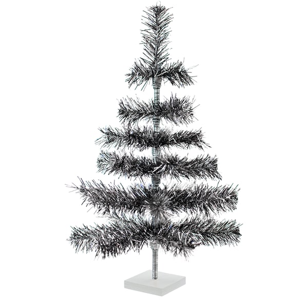 Black & Silver Tinsel Christmas Tree Vintage Feather Style Decorative Tabletop XMASS Trees Made in the US