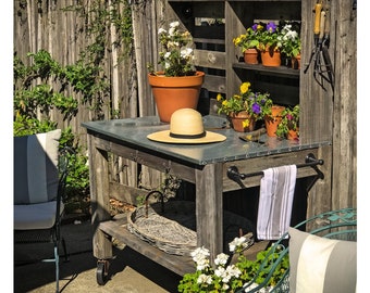 Potting Table Work Station Buffet Island Cart With Storage Outdoor Garden Furniture Hand-Made Redwood Zinc Top Cast Iron Swivel Wheels