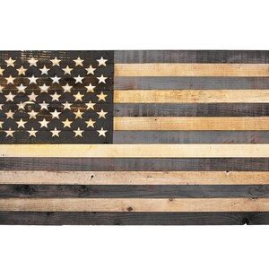 Wooden American Flag Hand Painted Black Stripes and Natural Wood Grain Refurbished 48IN X 27IN