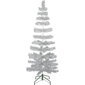 60&quot; Silver Tinsel Christmas Tree Xmas Holiday Centerpiece Tree Merchandising Display 5FT Height Green Metal Base Included