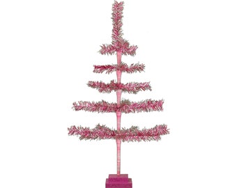 28in Vintage Pink and Silver Tinsel Christmas Tree, Double-Tiered Wooden Stand Included