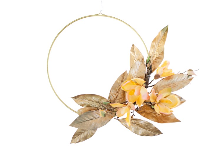 Ghirlanda artigianale Decorazioni per la casa Foglie di magnolia dipinte in oro Decorazioni floreali da appendere alla parete Diametro 18 pollici