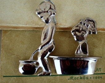 Vintage Set Of 2 Solid Nickel Door Bathroom Signs Toilet Etsy