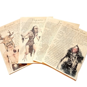 May include: Four illustrated cards with fantasy creatures. Each card features a different creature with a detailed description of its abilities and weaknesses. The cards are printed on a parchment-like paper with a vintage aesthetic.