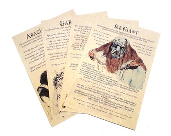 May include: Close-up of four vintage-style illustrated cards featuring mythical creatures. Each card has a name and description of the creature, including the Gar, Arach, Ice Giant, and Almost Alchemist. The cards are printed on a parchment-like paper with a distressed look.