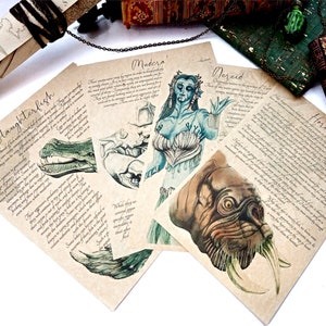 Creatures of Tamriel's Waterways - Bestiary Scrolls Journal Page Art Prints - Horker, Nereid, Slaughterfish, Mudcrab, Oblivion