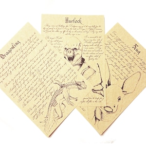 Criaturas de Thedas - Impresión artística de la página del diario de la era del Bestiario del Dragón: Hurlock, Nug, Dragonling