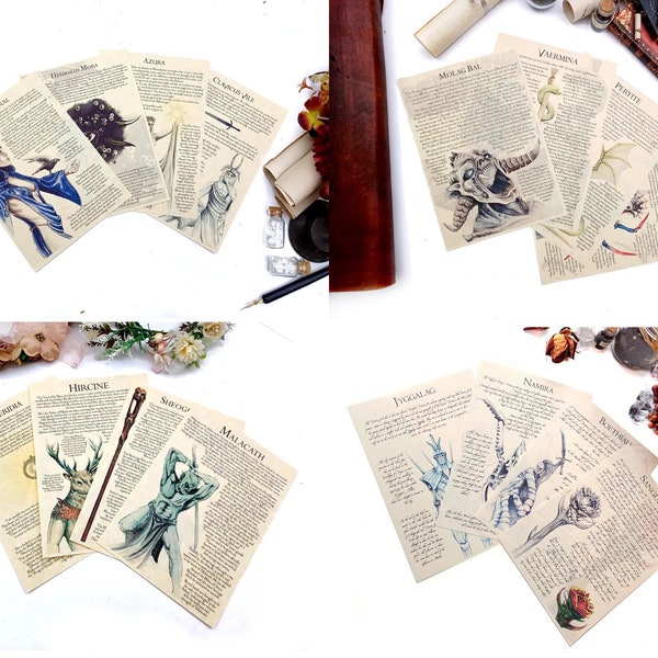 Ensemble complet 16 estampes Princes Daedra - Nocturne, Shéogorath, Sanguine, Azura, Hermaeus Mora. Voyage dans l'oubli, page de journal vieillissant parchemins