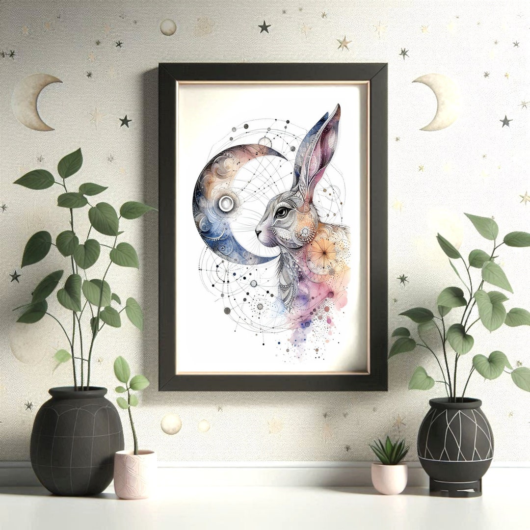 Watercolour Hare & Moon Prints Set of 4 - Intricate Surreal Celestial ...