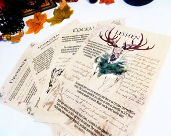 Bestiary: Witch Hunter White Wolf Journal pages. Noonwraith, Cockatrice, Leshen, Drowner - LARP Witch Myth Creature Legend
