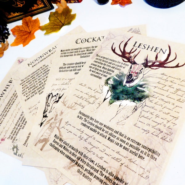 Bestiary: Witch Hunter White Wolf Journal pages. Noonwraith, Cockatrice, Leshen, Drowner - LARP Witch Myth Creature Legend