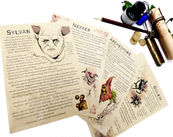 May include: Close-up of five vintage-style cards with illustrations and text about mythical creatures. The cards are on a white surface with a blue ink bottle, a quill pen, and a gold chain with a pendant.