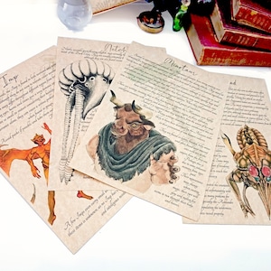 May include: Four illustrated cards with text and drawings of mythical creatures. The cards feature an Imp, a Netch, a Minotaur, and a creature called "And".