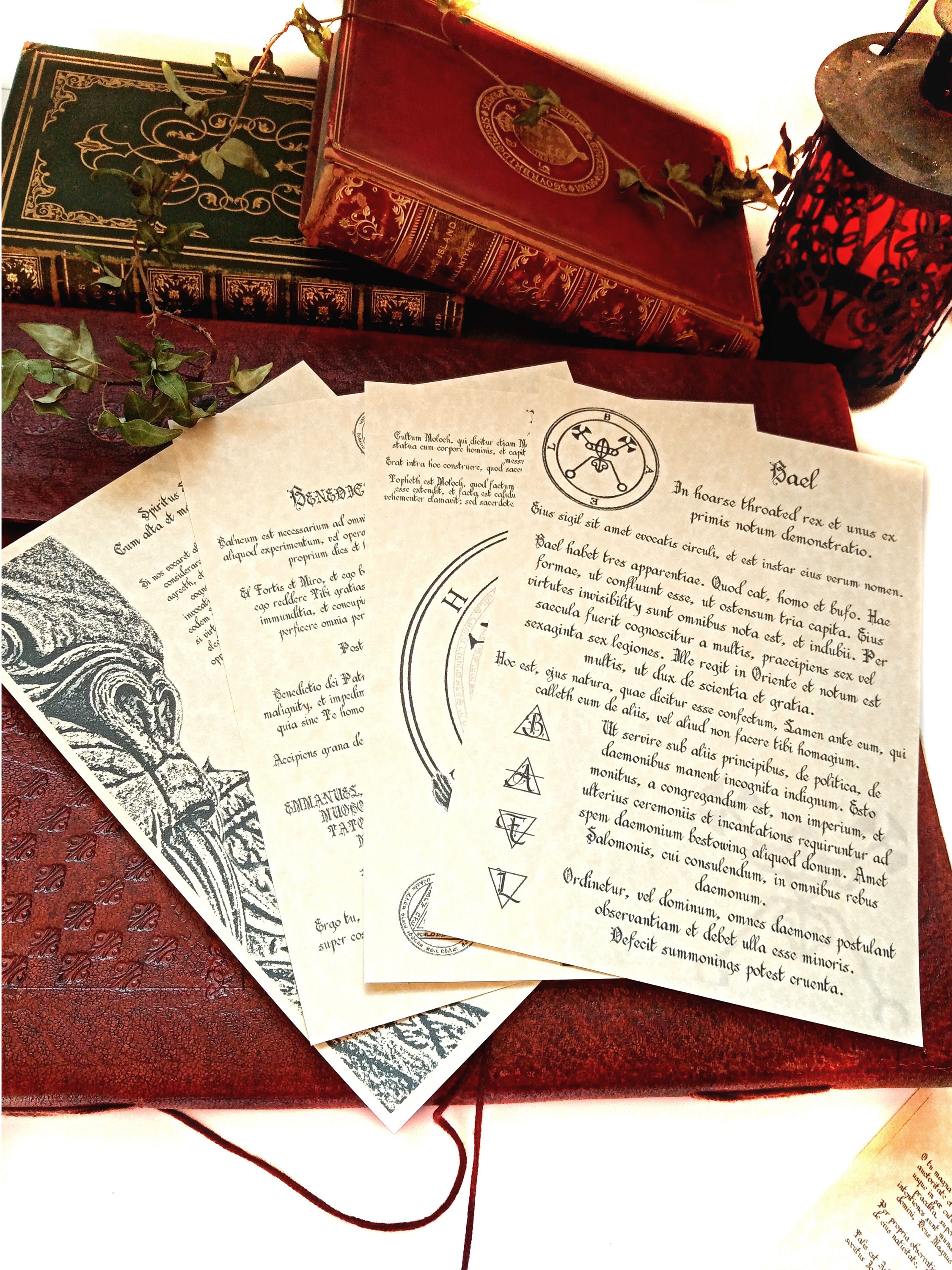 悪魔の日記のページ - 悪魔学の超自然儀式 - 古い羊皮紙に書かれ