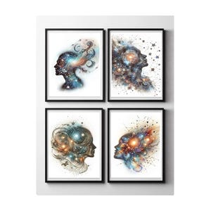 Ensemble de 4 impressions aquarelle visage céleste - Motifs galactiques surréalistes complexes, constellations de points