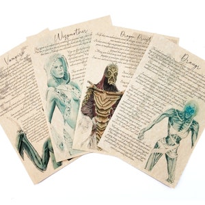 No muertos de Tamriel - Pergaminos del Bestiario de Criaturas - Láminas artísticas - Sacerdote Dragón, Draugr, Vampiro, Madre Etérea Oblivion