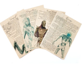 Undead of Tamriel - Creatures Bestiary Scrolls Journal Page Art Prints - Dragon Priest, Draugr, Vampire, Wispmother Oblivion