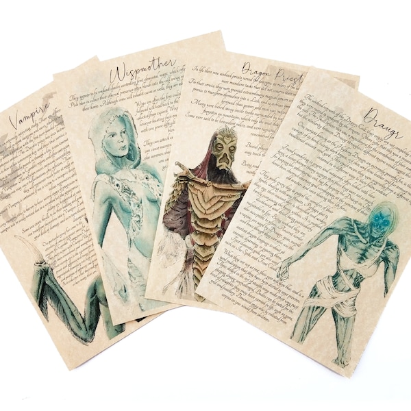 Untote von Tamriel - Kreaturen Bestiary Schriftrollen Journal Seite Kunstdrucke - Drachenpriester, Draugr, Vampir, Wispmutter Oblivion