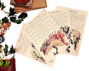 May include: Four vintage-style cards with illustrations of mythical creatures. Each card features a different creature, including a dragon, a humanoid figure, and a creature with large ears. The cards have text describing the creatures, including their names, "Royal Wyvern", "Earth Elemental", "Devourer", and "Doppler".