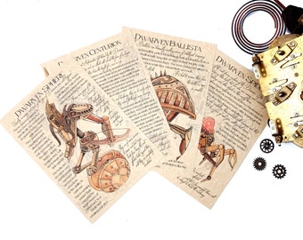 Dwarven Automatons of Tamriel - Dwemer Animunculi Creatures Bestiary Scrolls Journal Page Art Prints - Centurion steampunk construct