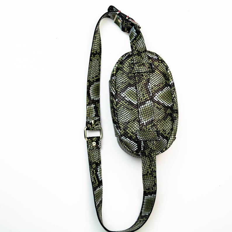 leather bag army green snake stamp bag stamped leather snake stamp waist bag Women leather belt bag