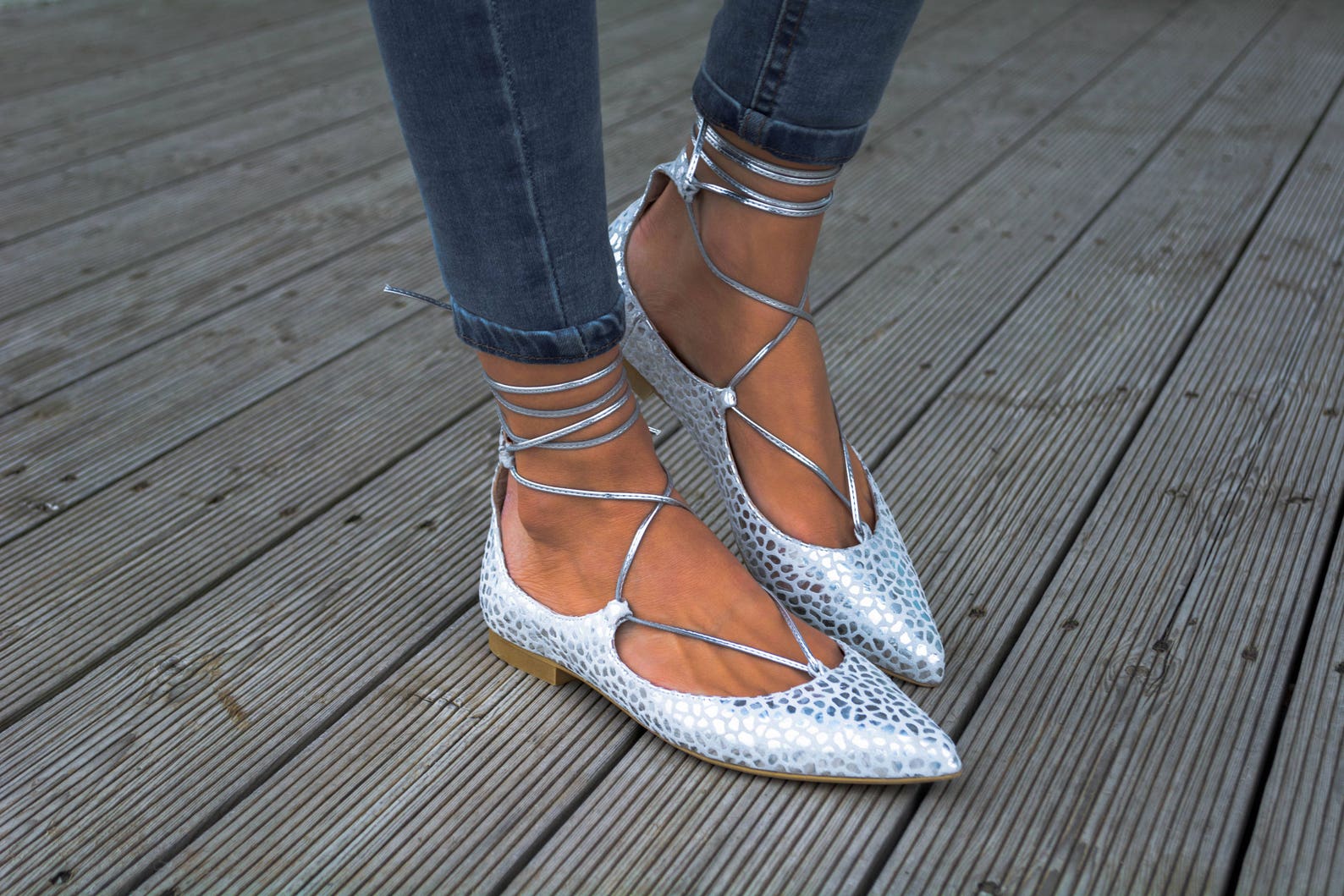 Silver Handcrafted Lace Up Pointed Toe Ballet Flat Shoes,pointed Pump Shoes, Flat Pumps,shoes