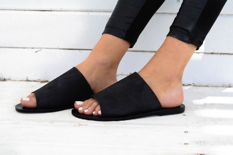 Black Leather Sandals Girl Boss Women Greek Flat Slides Shoes Mules