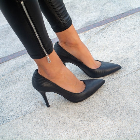 black leather heels