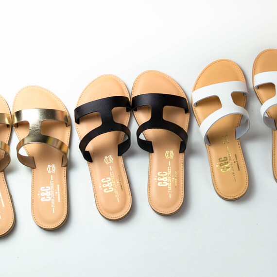 flat leather slide sandals