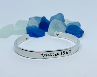 Hand Stamped Vintage Birth Year Cuff Bracelet | Personalized Metal Bangle