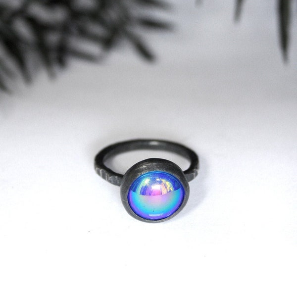 Planet Neptune Ring - Iridescent Blue and Purple Glass Ring - Psychedelic Vintage Glass Stone - 1960s Mirror Glass Ring - Space Jewelry