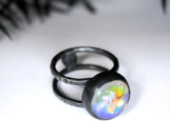 Cosmic Crystal Ball Ring - Psychedelic Rainbow Jewelry - Vintage 1960s Glass - Supernova Mirror Jewelry - Colorful Iridescent Witchy Jewelry