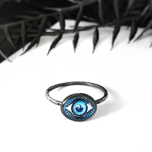 Sparkly Blue Eye Ring - Evil Eye Jewelry - Third Eye Ring - Handmade Sterling Silver & Vintage Czech Glass - Stacking Ring - Occult Jewelry