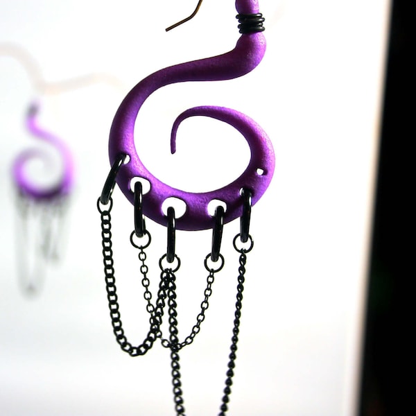 Purple Spiral Earrings - Purple Dangle Earrings - Alternative Jewelry - Purple and Black Earrings - Purple Tentacle Jewelry -  Punk Earrings