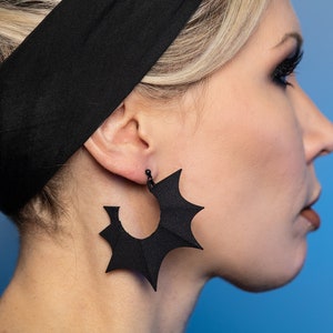 Black Bat Wing Hoop Earrings - Gothic Jewelry - Spooky Bat Earrings - Witchy Jewelry - Large Hoop Earrings - Dark Vampire Queen Jewelry
