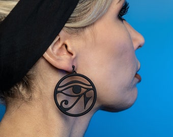 Matte Black Eye of Horus Earrings - Spooky Egyptian Eye Hieroglyphic Jewelry - Gothic Black Hoop Earrings Inspired by Ancient Egypt