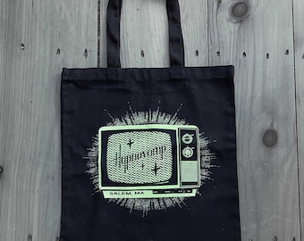Glow in the Dark Black Tote Bag - Vintage TV with Static & Sparkles - Retro Aesthetic - Glowing Television - Salem MA Souvenir Shoulder Bag