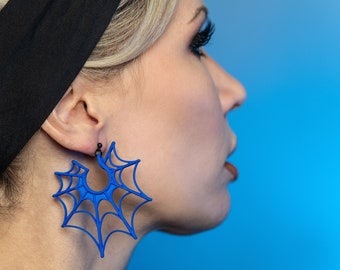 Bright Blue Spiderweb Hoop Earrings - Gothic Spider Web Jewelry - Big Hoops - Spooky Girl - Colorful Goth Girl Jewelry - Tarantula Earrings