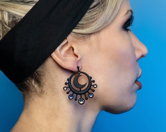 Crescent Moon Sparkle Earrings - Space Queen Jewelry - Black Moon Jewelry - Atomic Design - Retro Amoeba- Witchy Dark Lunar Hoop Earrings