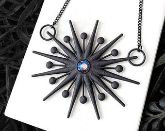 Atomic Mid Century Modern Clock Necklace - Matte Black Sunburst Jewelry - Eames Era Starburst - Retro Aesthetic - Witchy Space Age Jewelry