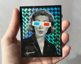 Prismatic Sticker - Retro Woman Wearing 3D Glasses - Strange Vintage Sci Fi Art - Red & Blue Anaglyph Glasses - 1950s Collage Art Sticker