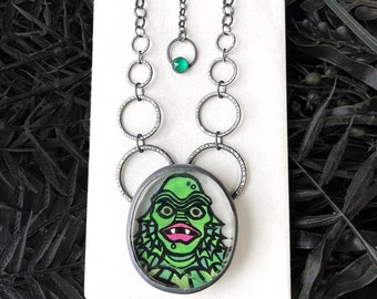 Creature from the Black Lagoon Inspired Necklace - Classic Horror Movie Jewelry - Handmade Silver & Quartz Jewelry - Glow in the Dark Quartz