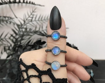 Handmade Rainbow Moonstone Ring - Rose Cut Gemstone Jewelry - Minimalist Jewelry - Dark Silver Stacking Rings - Ghostly Dainty Gothic Rings