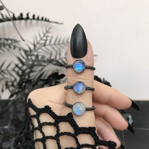 Handmade Rainbow Moonstone Ring - Rose Cut Gemstone Jewelry - Minimalist Jewelry - Dark Silver Stacking Rings - Ghostly Dainty Gothic Rings