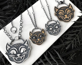 Spooky Halloween Cat Necklace - Vintage Halloween - Handmade Cat Jewelry - Sterling Silver & Bronze Pendants with Moonstone + Black Spinel