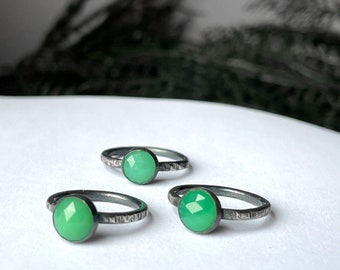 Mint Green Chrysoprase Ring - Handmade Sterling Silver & Chrysoprase Jewelry - Bright Green Stacking Ring - Witchy Blackened Silver Jewelry