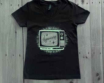Glow in the Dark Black T-Shirt - Vintage TV with Static & Sparkles - Retro Aesthetic - Glowing Television - Salem MA Souvenir Shirt