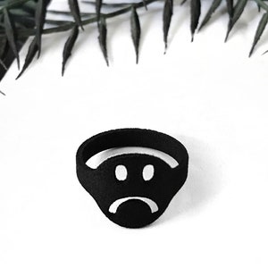 Frowny Face Ring - Matte Black Jewelry - Sad Face Emoji - Unhappy Face Jewelry - Dark Jewelry - Gloomy Gothic Jewelry - 3d Printed Ring