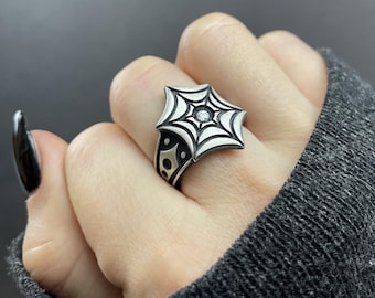 Astroweb Ring - Moissanite Spiderweb Ring with Space Age Band - Spooky Retro Style Jewelry - Space Witch Aesthetic - Spider Web Jewelry