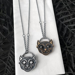 Spooky Halloween Cat Necklace Vintage Halloween Handmade Cat Jewelry Sterling Silver & Bronze Pendants with Moonstone Black Spinel image 5